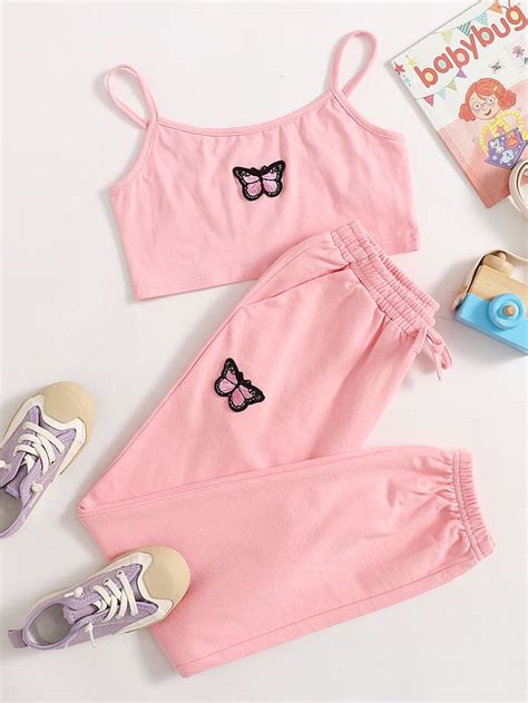 Girls Butterfly Appliques Cami Top And Drawstring Sweatpants Set Shein