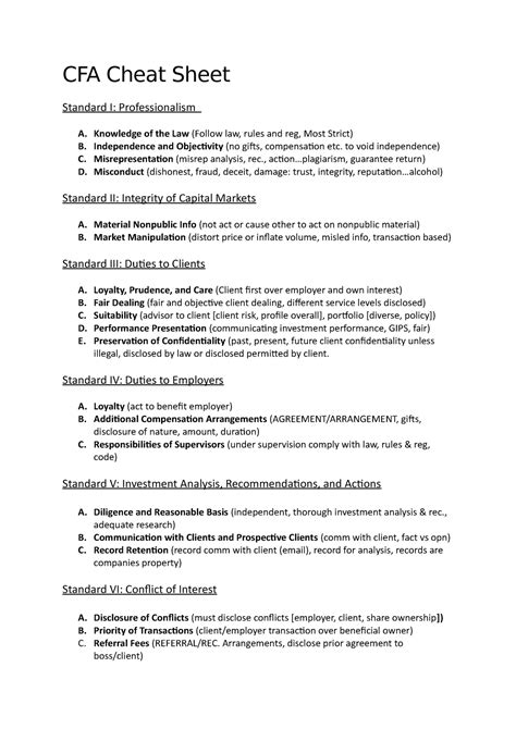 Ethics In Finance Cfa Cheat Sheet All Standards Cfa Cheat Sheet