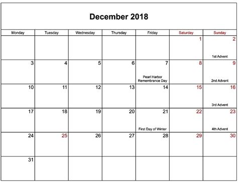 20 December 2018 Calendar With Holidays Free Download Printable