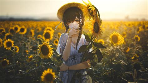 Sunflowers Dress Collage Field Straw Hat Brunette Anime Anime