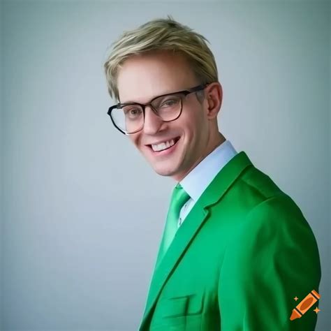 40 Year Old Man With Blonde Hair And Glasses In A Green Suit