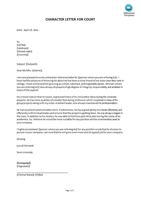 Character Letter For Court Templates At