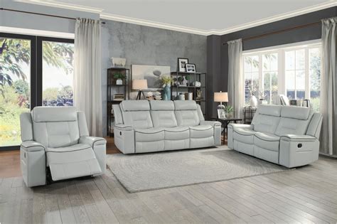 Darwan Light Gray Leather Double Lay Flat Reclining Living Room Set