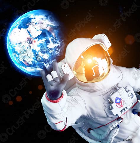 Astronaut In Space With Raised Hand And Earth In Background Stock
