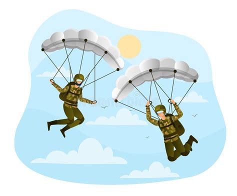 Paratroopers Descending With Parachutes Set Paraglide And Parachute