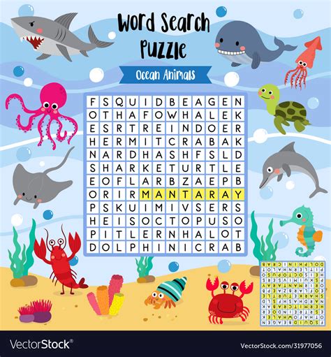 Word Search Puzzle Ocean Animals Royalty Free Vector Image