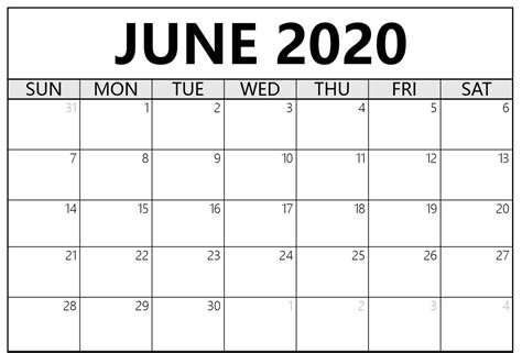Cute June 2020 Calendar Printable Zudocalendrio