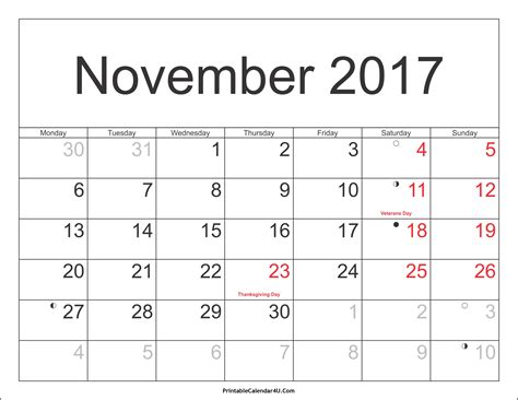 2017 Monthly Calendar With Holidays Printable Year Calendar