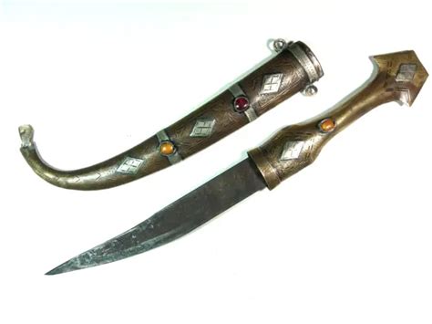 Antique Middle East Curved Dagger Knife Brass Silver With Jewels Handle