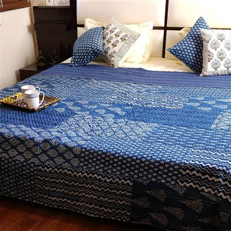 Indigo Blue White Patchwork Kantha Quilt Hand Block Printed Etsy