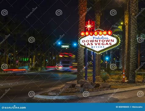 The Downtown Las Vegas Sign At Night Stock Image Image Of Evening