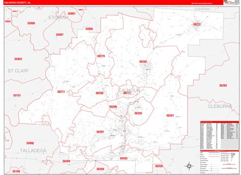 Calhoun County, AL Zip Code Wall Map Red Line Style by MarketMAPS