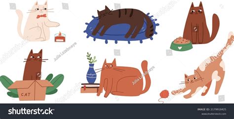 Set Adorable Cats Sleeping Stretching Playing Stock Vector Royalty