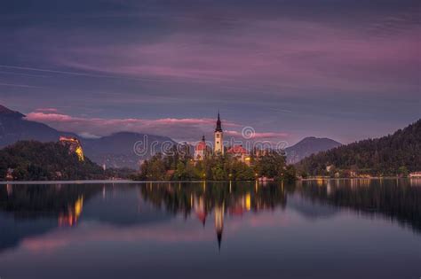 Colorful Sunset Landscape View Of Lake Bled Island And Church Slovenia