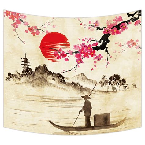Ykcg Creative Classical Japanese Ink Painting Sunset Sakura Branches