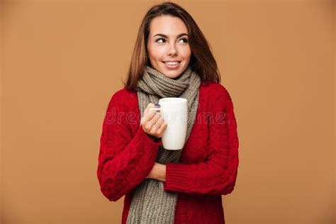 Cheerful Caucasian Lady Drinking Hot Tea Stock Image Image Of