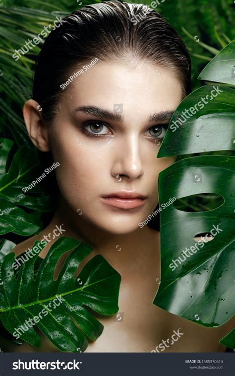 Beautiful Woman Naked Shoulders Palm Leaves Stock Photo Edit Now