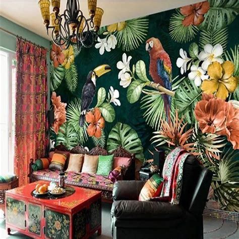 Custom Mural Wallpaper Pastoral Parrot Tropical Rainforest Bvm Home
