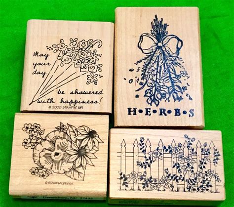 Wood Mounted Rubber Stamp Lot Of 4 Herbs Flowers Roses Crafts