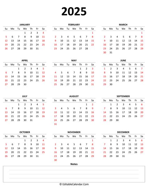 2025 Yearly Calendar With Notes Portrait Orientation