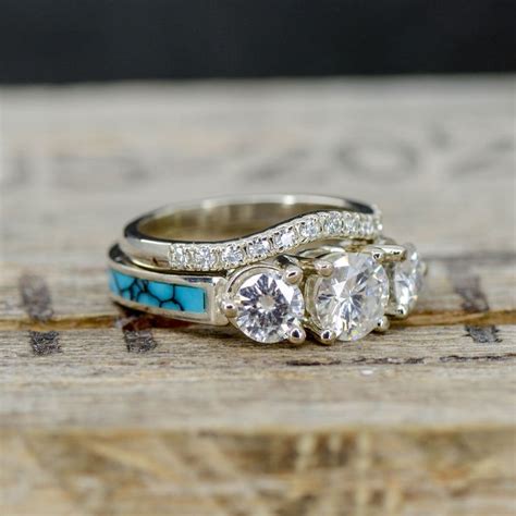 White Gold Moissanites Turquoise With Stacking Band Turquoise