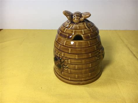 Vintage Brown Ceramic Bee Hive Honey Pot Bee Hive Honey Pot Majolica Style Glaze Figural