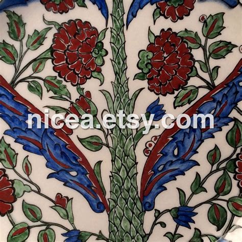 Iznik Pottery Dish With Cypress Tree And Saz Leaves Handmade Etsy