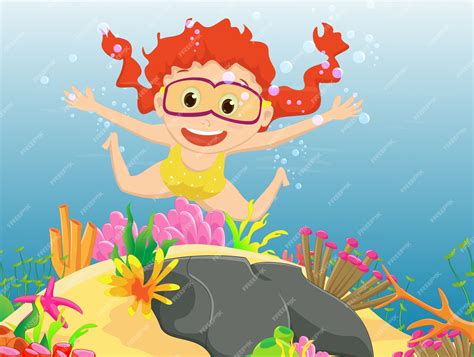 Счастливая девочка плавает под водой Премиум векторы