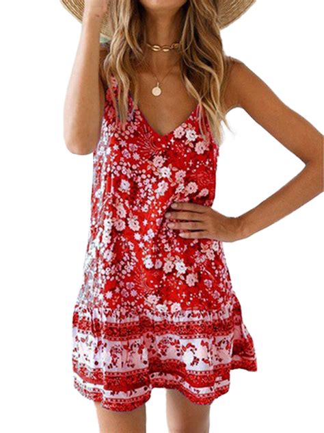 Women S Boho Floral Sleeveless V Neck Sundress Beach Loose Summer Mini Dresses Walmart Com