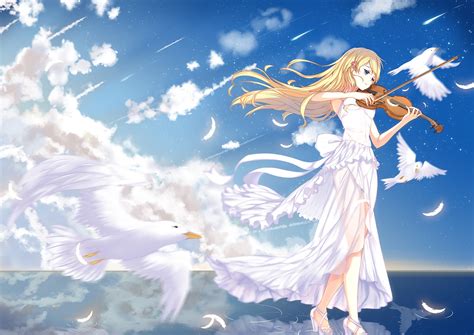wallpaper illustration blonde long hair anime girls water angel clouds dress shigatsu