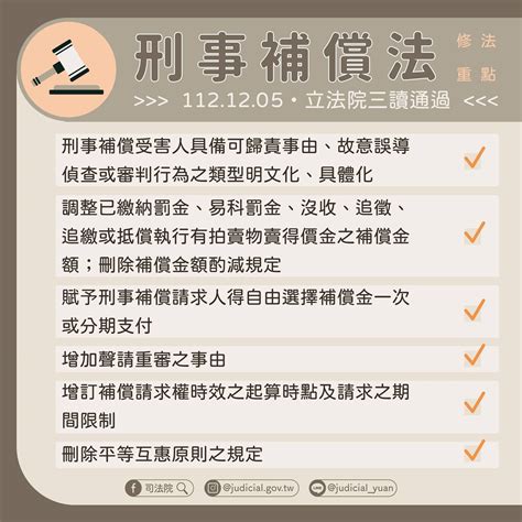 司法院 健全刑事補償制度，保障受害人權益！《刑事補償法》修正了什麼呢？ 立法院於本月 5