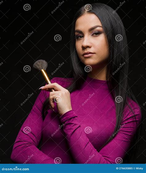 brunette in violet dress cropped portrait stock image image of caucasian flirt 276635885
