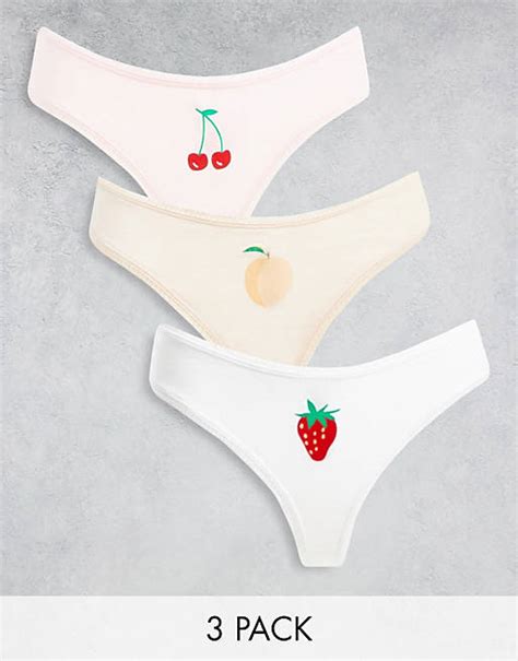 Monki Cotton 3 Pack Fruit Thongs In Multi Multi Asos