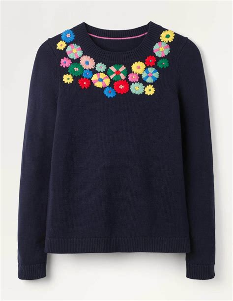Derby Embroidered Jumper Navy Floral Embroidery Boden Womens Jumpers