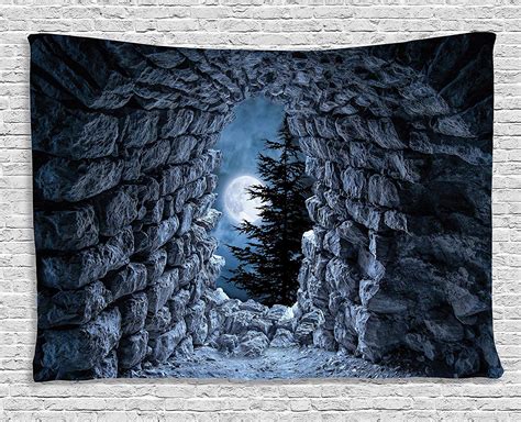 Gothic Decor Tapestry Dark Cave With The Light Of Full Moon At Night