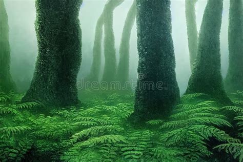 Prehistoric Antediluvian Forest Landscape With Primitive Trees And