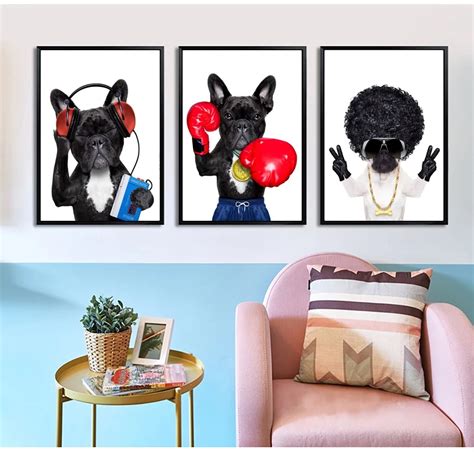 Funny Animal Pet Bulldog Nordic Canvas Art Prints Black White Painting