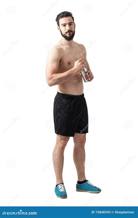 Serious Focused Fit Shirtless Athlete Holding Water Bottle Looking At Camera Stock Image Image