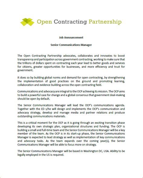 Are you in need of announcement email templates? Announcement: Seeking Senior Communications Manager for the Open Contracting Partnership - Open ...