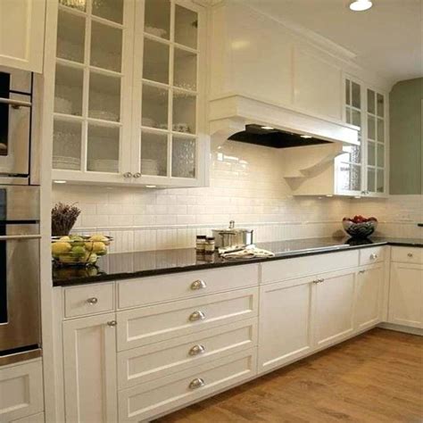 Off White Subway Tile Glass Fronted Kitchen Cabinets