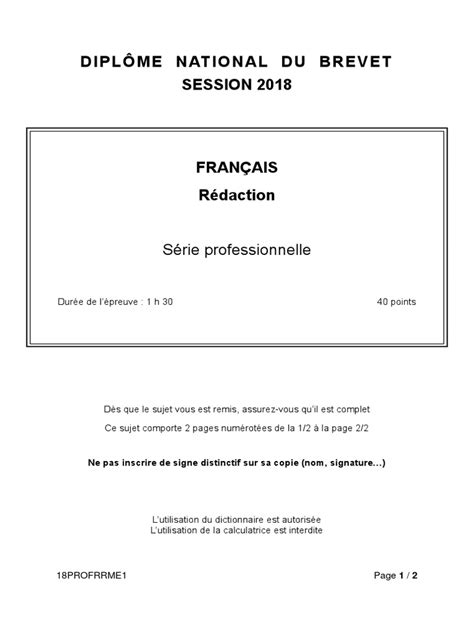 La Rédaction Du Brevet Des Collèges Pour La Série Professionnelle En