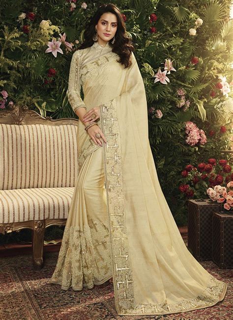 Cream Art Silk Embroidered Wedding Saree Sarees Designer Collection