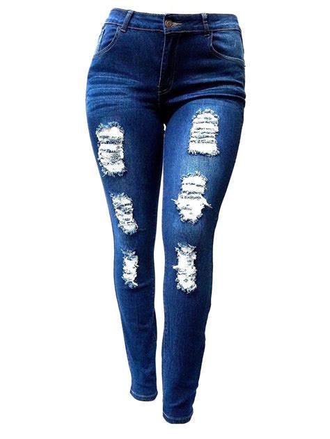 Diamante Sl 1826 Womens Plus Size Stretch Distressed Ripped Blue Skinny Denim Jeans Pants