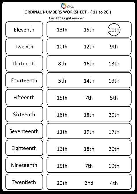 Ordinal Numbers Worksheet 11 To 20 Circle The Right Number Ordinal