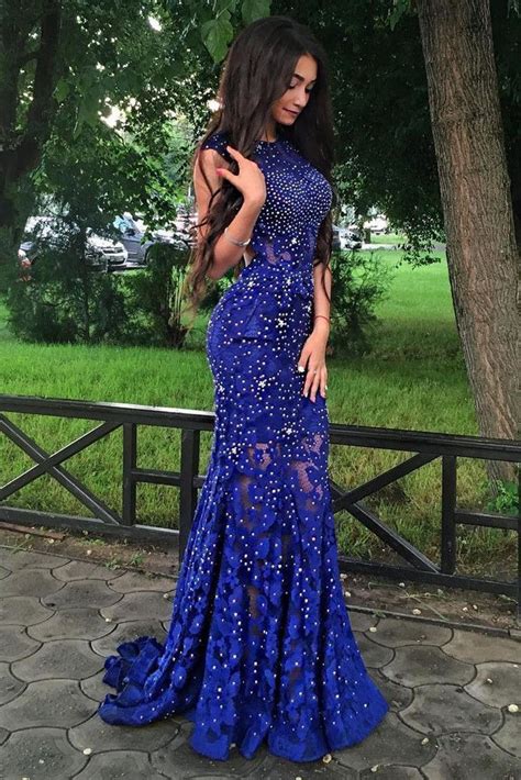 Royal Blue Jewel Sweep Train Lace Backless Mermaid Prom Dress With