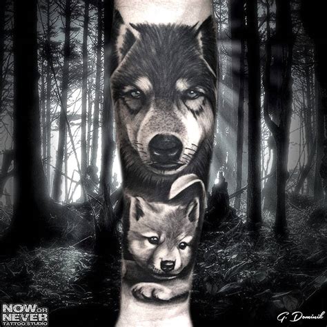 Black And Grey Realistic Wolf Pack Tattoo
