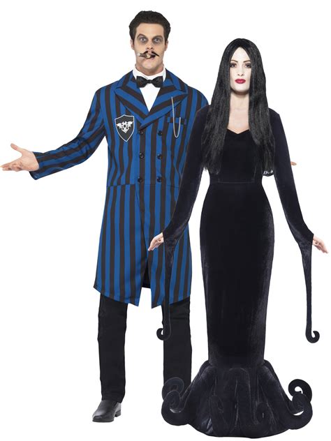 Mens Ladies Gomez Morticia Couples Costume Adult Halloween Fancy Dress