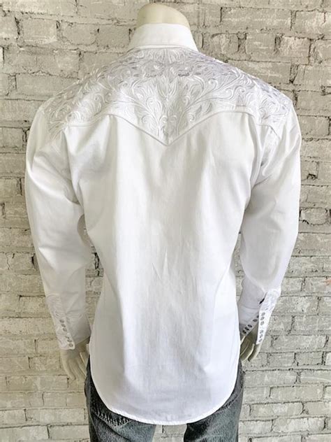 Mens White On White Vintage Tooling Embroidered Western Shirt