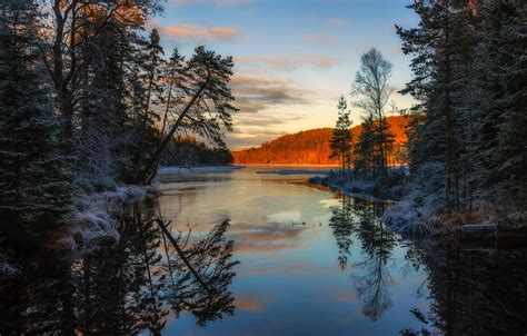 Wallpaper Forest Water Snow Trees Sunset Reflection River The