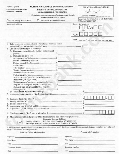 Reports issued by the nh department of insurance. Form 74a117 - Monthly Insurance Surcharge Report printable pdf download